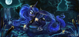 thumbnail of 442164__safe_artist-colon-r0b0tassassin_princess+luna_alicorn_beautiful_firefly+(insect)_forest_laying+on+side_lilypad_moon_pond_pony_reed_solo_wat.png
