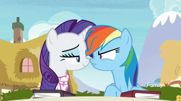 thumbnail of 1810413__safe_screencap_rainbow+dash_rarity_the+end+in+friend_spoiler-colon-s08e17_angry_bickering_book_boop_eye+contact_female_frown_lidded+eyes_looki.png