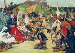 thumbnail of S._V._Ivanov._Trade_negotiations_in_the_country_of_Eastern_Slavs._Pictures_of_Russian_history._(1909).jpg