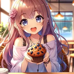 thumbnail of DALL·E 2024-02-29 22.44.40 - A cute anime-style woman, with large expressive eyes and a joyful expression, is sitting at a cafe table, about to take a bite out of a blueberry muff.webp