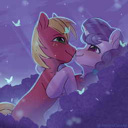 thumbnail of 3037154__safe_artist-colon-auroracursed_derpibooru+import_big+macintosh_sugar+belle_butterfly_earth+pony_pony_unicorn_couple_eye+contact_female_flower_looking+a.png