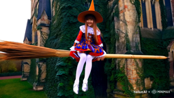 thumbnail of photo realism, a touhou teen witch girl with a pointy hat, wearing a colourful dress with white lace, white long stockings and glossy shoes, she is sitting on a broom.mp4