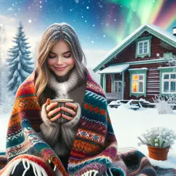 thumbnail of DALL·E 2024-02-28 23.01.07 - A young Finnish woman sitting outside on a snowy day, wrapped in a warm, colorful woolen blanket. She is enjoying a hot cup of coffee, steam visibly r.webp