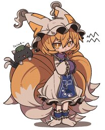 thumbnail of lolibooru 640643 animal_ears blonde_hair green_headwear looking_at_viewer multiple_tails own_hands_together touhou_project white_background white_dress yellow_eyes.jpg