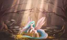 thumbnail of 76699__safe_artist-colon-ajvl_princess+celestia_alicorn_boulder_crepuscular+rays_dead+tree_forest_looking+up_missing+accessory_pony_rearing_scenery_sol.jpg