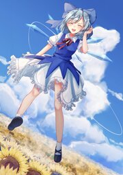 thumbnail of lolibooru 597079 blue_sky bo_cota closed_eyes cloudy_sky flower flying garden_of_the_sun highres looking_at_viewer open_mouth outdoors scenery sunflower touhou_project.jpg