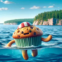 thumbnail of DALL·E 2024-02-05 07.35.47 - An anthropomorphic muffin character swimming in the Baltic Sea, heading towards the coast of Finland. The muffin has cartoon-like arms and legs, weari.webp