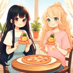 thumbnail of DALL·E 2024-04-12 23.55.45 - A cute anime style illustration featuring two girls enjoying Hawaiian pizza together. One girl has long, straight black hair and wears a light blue dr.webp