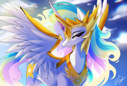 thumbnail of 3438322__safe_artist-colon-kozinak69_derpibooru+import_princess+celestia_alicorn_pony_armor_female_horn_looking+at+you_mane_mare_solo_wings.png