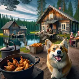 thumbnail of DALL·E 2024-04-15 23.12.48 - In a picturesque Finnish village surrounded by dense pine forests and crystal-clear lakes, a cheerful Corgi named Wan Wan explores a family-run farm. .webp