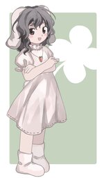 thumbnail of lolibooru 581310 four-leaf_clover frilled_sleeves green_background looking_at_viewer puffy_short_sleeves ribbon-trimmed_dress two-tone_background white_background.jpg