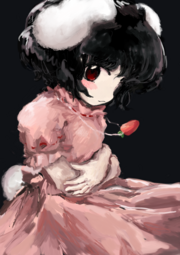 thumbnail of lolibooru 612155 black_background carrot_necklace frilled_sleeves looking_at_viewer ribbon-trimmed_collar ribbon-trimmed_sleeves short_sleeves touhou_project.png