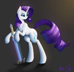 thumbnail of 1671261__safe_artist-colon-kirasunnight_rarity_bipedal_bipedal+leaning_female_high+res_leaning_solo_sword_unicorn_weapon.png