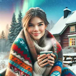 thumbnail of DALL·E 2024-02-28 23.39.59 - A young Finnish woman sitting outside on a snowy day, wrapped in a warm, colorful woolen blanket. She is enjoying a hot cup of coffee, steam visibly r.webp