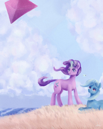 thumbnail of 425975__safe_artist-colon-dumddeer_starlight+glimmer_trixie_pony_unicorn_cloud_cloudy_duo_flowing+mane_glowing+horn_grass_kite_looking+up_magic_prone_sky_smili.jpg