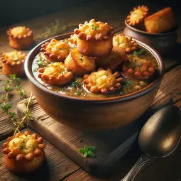 thumbnail of DALL·E 2024-04-20 21.49.43 - A whimsical and creative dish featuring fried muffin soup. The scene includes a rustic ceramic bowl filled with a rich, creamy soup. The soup is toppe.webp