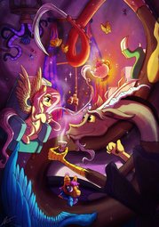 thumbnail of 1752140__safe_artist-colon-cold-dash-creature_discord_fluttershy_draconequus_pegasus_pony_discordant+harmony_cup_eye+contact_female_ginseng+teabags_looking+at+e.jpg
