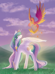 thumbnail of 2207568__safe_artist-colon-scarletsfeed_philomena_princess+celestia_alicorn_phoenix_pony_digital+art_female_mare.png