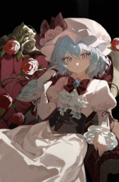 thumbnail of lolibooru 613123 black_background collared_dress frilled_sleeves layered_sleeves looking_at_viewer remilia_scarlet simple_background zhi_xiang_hua_mei_shaonu.png