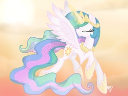 thumbnail of 675802__safe_artist-colon-midnightsketches_princess+celestia_eyes+closed_flying_gradient+background_happy_magic_raised+hoof_smiling_solo_spread+wings.jpeg
