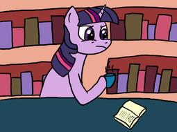 thumbnail of 2248209__safe_artist-colon-anonymous_twilight+sparkle_angry_book_coffee_drawthread_plotting.png