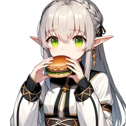thumbnail of DALL·E 2024-02-26 18.55.51 - Draw an anime-style female elf with waist-length silver hair and a straight fringe, long pointed ears, and bright green eyes. She is eating a hamburge.webp