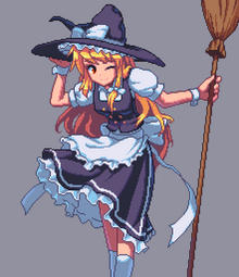 thumbnail of lolibooru 656741 frilled_skirt grey_background hand_on_headwear holding_broom kirisame_marisa one_eye_closed puffy_short_sleeves simple_background touhou_project.png