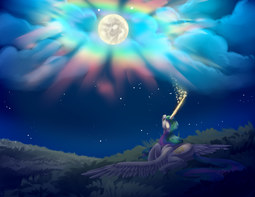 thumbnail of 2688928__safe_artist-colon-stormcloud-dash-yt_princess+celestia_banishment_cloud_field_full+moon_glowing+horn_horn_lying+down_mare+in+the+moon_moon_night_prone_.jpg