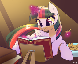 thumbnail of 1927313__safe_artist-colon-renokim_twilight+sparkle_alicorn_book_female_glowing+horn_magic_mare_pony_reading_solo_telekinesis_that+pony+sure+does+love+.png