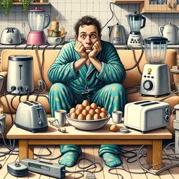 thumbnail of DALL·E 2024-02-25 21.01.27 - A humorous and detailed illustration of a person in pajamas, sitting on a couch, surrounded by a variety of kitchen gadgets like a blender, toaster, a.webp