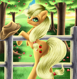 thumbnail of 2059592__safe_artist-colon-flyingpony_applejack_apple_apple+tree_earth+pony_female_fence_food_looking+back_mare_pony_smiling_solo_sweet+apple+acres_tre.jpeg