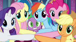 thumbnail of 2005573__safe_screencap_applejack_fluttershy_pinkie+pie_rainbow+dash_rarity_spike_the+beginning+of+the+end_spoiler-colon-s09e01_looking+at+you_pony.png