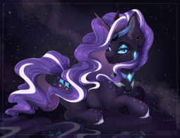 thumbnail of 2891015__safe_artist-colon-pvrii_derpibooru+import_nightmare+rarity_pony_unicorn_ear+fluff_ears_female_looking+at+you_lying+down_mare_prone_smiling_s.png