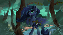 thumbnail of 1822592__safe_artist-colon-mahexa_princess+luna_alicorn_crepuscular+rays_female_forest_mare_pond_pony_scenery_signature_smiling_solo_tree.png