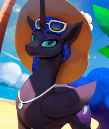 thumbnail of 24930__safe_artist-colon-rodrigues404_nightmare+moon_alicorn_pony_beach_braid_cloud_female_hat_jewelry_looking+at+you_mare_necklace_nicemare+moon_palm+tree_sk.png