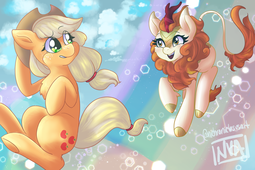 thumbnail of 1843602__safe_artist-colon-nichroniclesvsart_applejack_autumn+blaze_sounds+of+silence_cloven+hooves_cowboy+hat_duo_earth+pony_female_hat_kirin_mare_pon.png