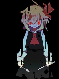 thumbnail of lolibooru 658103 black_background collared_shirt glowing_eyes hair_between_eyes holding_knife red_neckerchief simple_background sleeves_past_wrists touhou_project.jpg