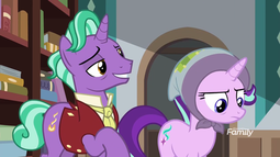 thumbnail of 977626__safe_firelight_starlight+glimmer_pony_babying_blanket_discovery+family+logo_duo_father+and+daughter_female_headscarf_irritated_male_mare_scarf_screenca.png