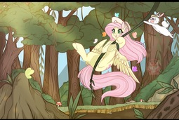 thumbnail of 2122993__safe_artist-colon-misucats_angel+bunny_fluttershy_daring+doubt_spoiler-colon-s09e21_animal_butterfly_duo_female_forest_hat_mare_pegasus_pony_r.jpeg