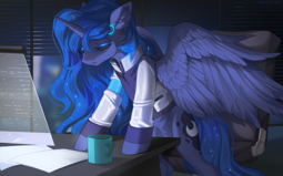 thumbnail of 2764016__safe_artist-colon-margony_princess+luna_alicorn_pony_art+trade_clothes_crossover_cup_cutie+mark_detroit-colon-+become+human_female_indoors_large+wings_.png
