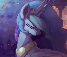 thumbnail of 1556718__safe_artist-colon-rodrigues404_princess+celestia_alicorn_crown_crying_eyes+closed_feather_horn_jewelry_multicolored+hair_night_peytral_pony_re.png