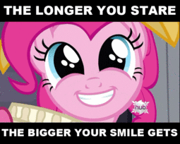 thumbnail of 3745__safe_screencap_chancellor+puddinghead_pinkie+pie_animated_brilliant+face_earth+pony_eye+shimmer_female_gif_happy_hub+logo_image+macro_looking+at+.gif