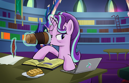thumbnail of 801338__safe_artist-colon-oinktweetstudios_starlight+glimmer_apple+fritter+28food29_bags+under+eyes_book_coffee_computer_drinking_food_glowing+horn_laptop+comp.png