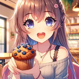 thumbnail of DALL·E 2024-02-29 22.44.35 - A cute anime-style woman, with large expressive eyes and a joyful expression, is sitting at a cafe table, about to take a bite out of a blueberry muff.webp