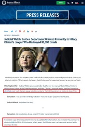 thumbnail of Judicial Watch Justice Department Granted Immunity to Hillary Clinton’s Lawyer Who Destroyed 33000 Emails.jpg
