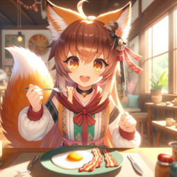 thumbnail of DALL·E 2023-11-20 06.25.41 - Anime girl with fox ears and a fluffy fox tail, sitting at a table eating bacon and eggs. She has large, expressive eyes and a playful smile, wearing .png