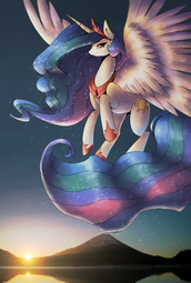 thumbnail of 1828123__safe_artist-colon-coma392_princess+celestia_alicorn_crown_female_flying_horseshoes_jewelry_lake_looking+at+you_mare_mountain_peytral_pony_rega.png
