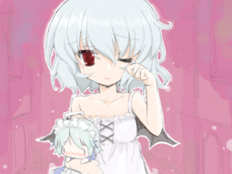 thumbnail of lolibooru 674885 cross-laced_clothes frilled_babydoll hair_between_eyes light_blue_hair looking_at_viewer pink_background purple_background remilia_scarlet.png
