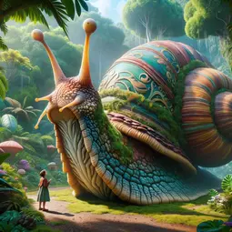 thumbnail of DALL·E 2024-03-07 00.34.15 - Imagine a whimsical scene set in a verdant, lush garden. In the center of this garden, there's a colossal snail, its shell adorned with intricate patt.webp