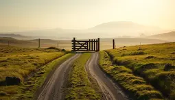 thumbnail of a_desolate_long_curvy_narrow_dirt_road_leading_up_to_a_low_wooden_gate__on_both_sides_are_meadows_with-79d6a8a7-95b4-4112-aa7c-48ec6ba3f3ab.webp